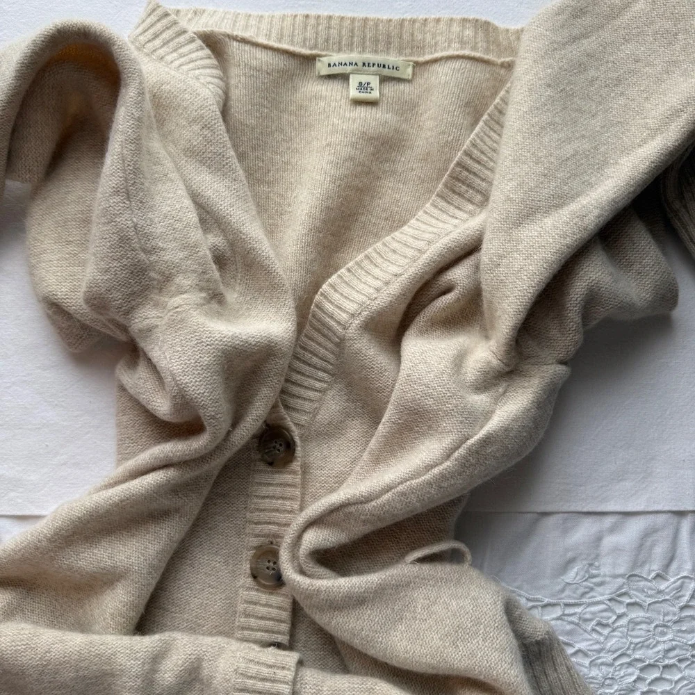 Banana Republic Angora Wool Cardigan Belted V Neck Soft Knit S Ivory Classic Fit - Picture 11 of 16